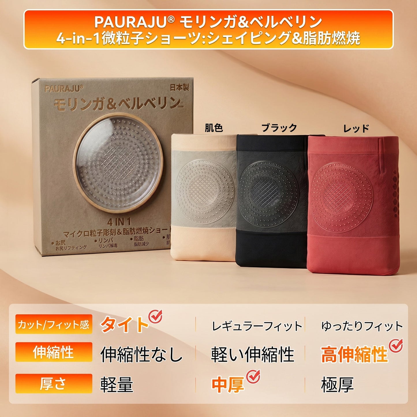 公式ブランドストア | 🌻🌻PAURAJU® 2026 モリンガ＆ベルベリン配合 4-in-1 微粒子スカルプト＆脂肪燃焼ショートパンツ